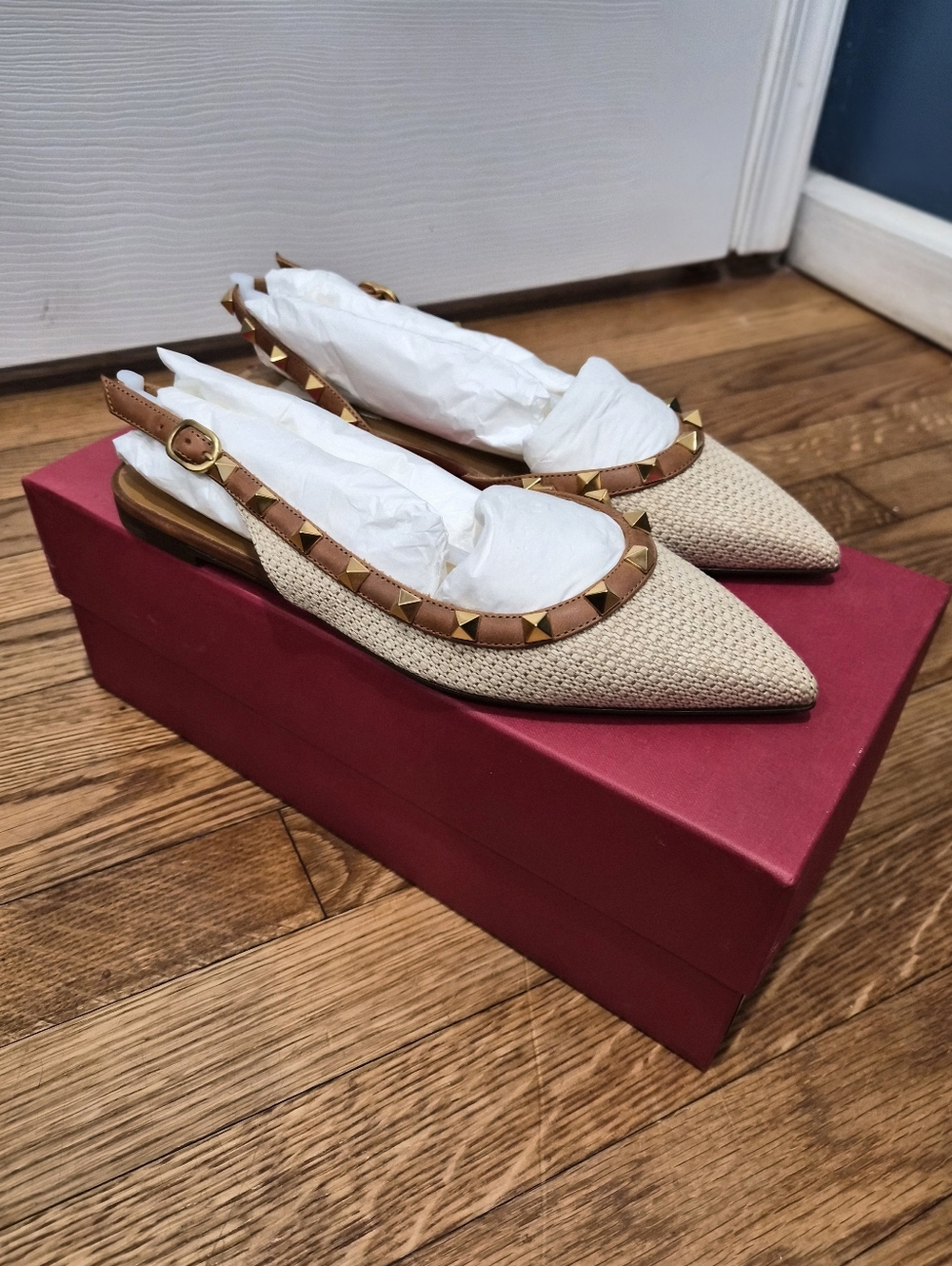 Valentino Garavani Rockstud Raffia Slingback Flats Nude Tan Leather NIB Sz 36 - Picture 14 of 16